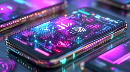 Poster - Futuristic Smartphone with Digital Interface and Colorful Lights
