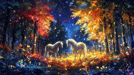 Wall Mural - Two white horses face each other in an autumnal, magical forest at night, surrounded by vibrant colors and glowing particles