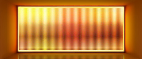 Poster - Yellow led screen mockup in room. Vector realistic illustration of neon orange light panels, tv show, stadium, concert or night club wall equipment, lcd display with color dots, color lamps grid