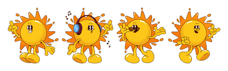 Funky retro sun mascot character - cute cartoon face expressions, big shoes, headphones and sunglasses. Playful vintage emoticons showing fun summer party mood. Joyful bright yellow sunny personage.
