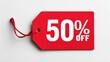© Yevheniiya - A vibrant red price tag displays a 50 off discount, perfect for sales and promotions, on a clean white backdrop.