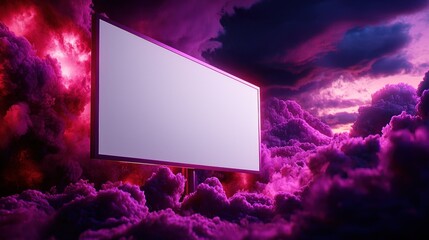 Canvas Print - Blank billboard in clouds at sunset, dramatic lighting