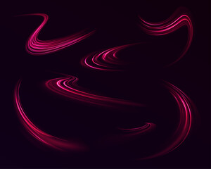 Poster - Neon swirls in a big set abstract technology background with red neon light Dynamic motion stripes luminous fiery trails. Vector illustration for modern visuals.	