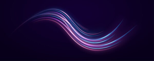 Fototapete - Abstract neon stripes curve and twist in a high-speed spiral, glowing vibrantly on a black background. The design captures acceleration and flow of energy. Use for tech or science illustrations.
