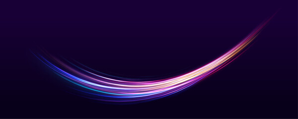 Poster - Luminous bright background. High speed effect motion blur night lights blue and red. Magic shining neon light line trails. Purple glowing wave swirl, impulse cable lines. Long time exposure. Vector