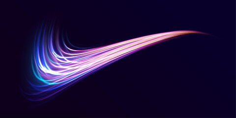 Poster - High speed effect motion blur night lights blue and red. Futuristic neon light line trails. bright sparkling background. Purple glowing wave swirl, impulse cable lines. Long time exposure. Vector	