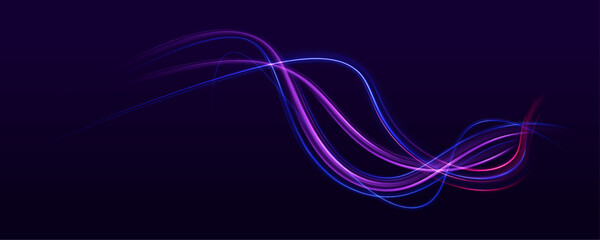 Poster - Technology background with motion neon light effect. Abstract neon light trails in a futuristic high-speed motion design. Vector glitter light fire flare trace.	
