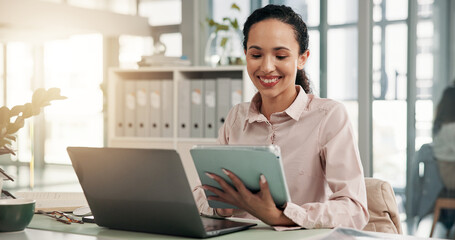 Fototapete - Business, laptop or woman with tablet at desk for risk management, compliance verification or planning. Auditor happy or digital report for account review, branch audit or reading financial statement