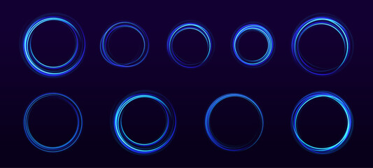 Fototapete - Stylish neon frames flicker in concentric layers, each pulsing with vibrant color. Particle dust flows between rings. Ideal for music videos, digital art, or UI elements.