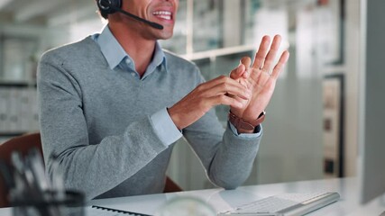Aufkleber - Computer, hands and headset with man in call center for help or online assistance. Communication, contact us and customer service with employee in office for feedback or support as virtual assistant