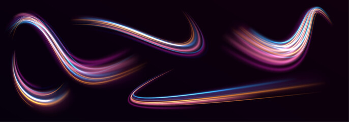 Wall Mural - big set of neon swirling lines and spirals form glowing backgrounds. high-speed light trails create 
