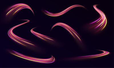 Wall Mural - big set of neon swirling lines and spirals form glowing backgrounds. high-speed light trails create 