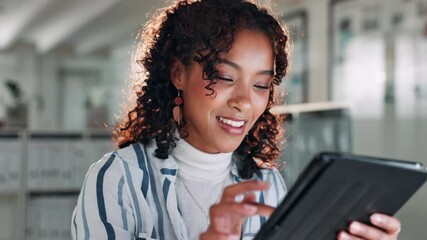 Aufkleber - Tablet, research and scroll with business woman in office for publishing agency, manuscript editor or ebook review. Copywriter, reading and planning with person for creative project, report and media