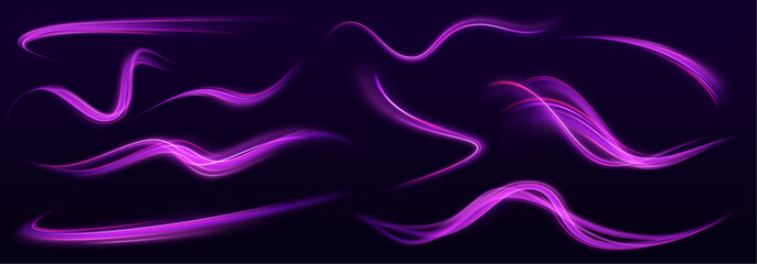 Wall Mural - set of bright neon speed lines. high speed effect motion blur night lights in blue and red colors, a