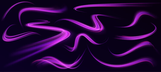 Wall Mural - set of neon speed lines on transparent background. vortex streams of neon light. abstract vector fir
