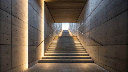 Poster - Modern staircase with concrete walls and ambient lighting, creating serene atmosphere. design emphasizes simplicity