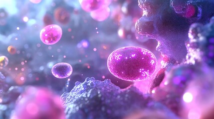Poster - Vibrant Abstract Digital Art of Colorful Microbial Cells Floating