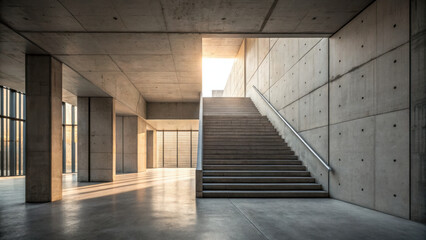 Poster - Modern concrete architecture features spacious interior with stairs and natural light. design evokes sense of tranquility