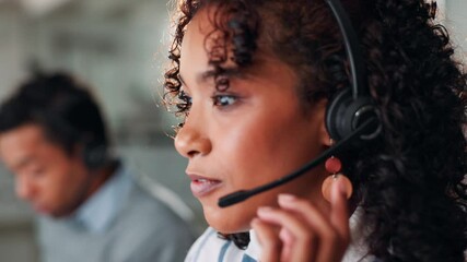 Aufkleber - Contact us, woman and customer support in office with headset, communication and online consultant. Call center, crm and technical service help, advice or happy with coworking in agency with hotline