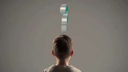 Aufkleber - Young person standing with back turned, surrounded by floating turquoise question marks representing cognitive exploration and learning process
