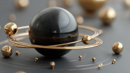 Poster - A striking black sphere surrounded by gleaming gold spheres in a floating orbit concept representing unity and design