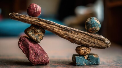 Poster - A beautifully balanced stack of rocks with a wooden stick representing stability and prioritization in a natural setting