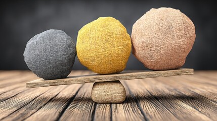 Poster - Three distinctively colored balls arranged on a wooden surface representing balance and prioritization in a natural environment