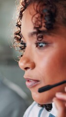 Poster - Call center, customer service and business woman talking with IT help desk technician. Happy consultant, tech support and conversation on mic for virtual solution, troubleshooting and face profile