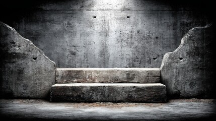 Poster - Solid concrete bench positioned in a dark room creating a stark contrast and evocative atmosphere for reflection