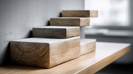 Poster - Wooden shelf with three pieces of wood symbolizing steps rising towards a peaceful and clarity-filled workspace