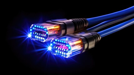 Poster - Brightly Lit Ethernet Cables with Colorful LED Lights on Black Background