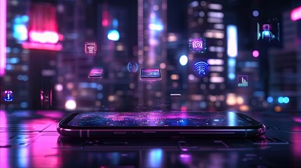 Poster - Futuristic Smartphone Surrounded by Digital Icons in Urban Setting