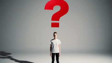 Aufkleber - Pensive student looking for answers, symbolized by a large red question mark floating above his head, expresses the concept of curiosity and the search for knowledge