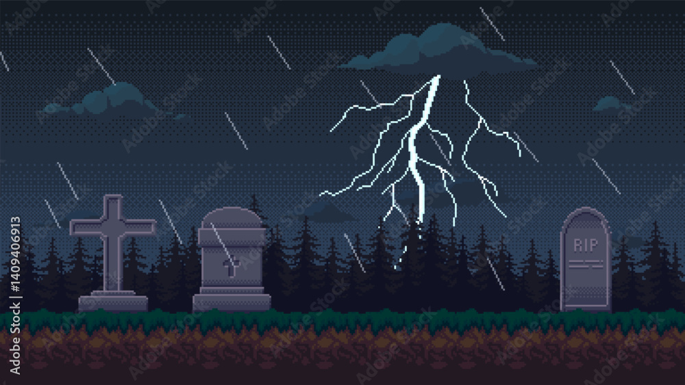 Pixel art cemetery in a rainy night with a thunderstorm. Graveyard 2d ...