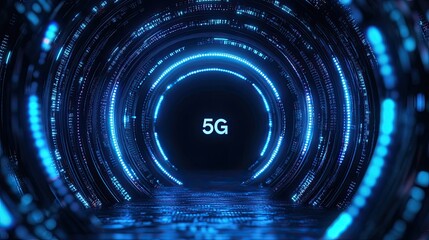 Poster - Futuristic Tunnel with Glowing Lights and 5G Technology Concept