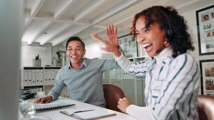 Leinwandbilder - Excited, business people and winning with high five for achievement, teamwork or success at office. Happy, businessman and woman with smile or touch for promotion or congratulations at workplace