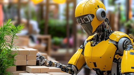 Poster - Robot Handling Boxes in Modern Urban Environment with Lush Greenery