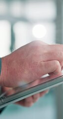 Poster - Hands, typing and person in office with tablet, scroll and communication on content marketing website. Research, networking and consultant on digital app for online schedule, email or user experience
