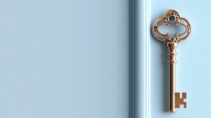 Poster - Vintage Gold Key Against Soft Blue Wall Background for Accent Decor