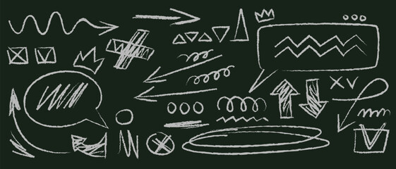 Poster - White chalk doodles on blackboard background. Vector realistic illustration of handwritten crayon signs, arrow, curvy spiral line, speech bubble sketches, hand drawn marks on black, school scribbles
