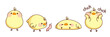 © klyaksun - Kawaii little yellow chick character set of Easter design - cute farm small bird standing and lying, hungry look with appetite at worm, blushing with pink chicks. Spring holiday funny mascot.