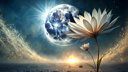 Wall Mural - cosmic bloom a serene vision of earth's celestial dance with a delicate flower