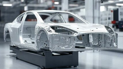Poster - Aluminum car body rotating during automated manufacturing process, revealing intricate chassis details from multiple precise angles within modern automotive production facility