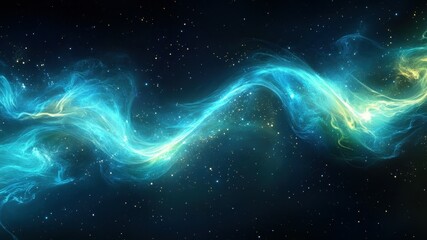 a blue and yellow nebula swirls through a star-filled cosmos illustration.