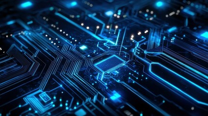 Poster - Close-up of a glowing blue circuit board with intricate electronic patterns.