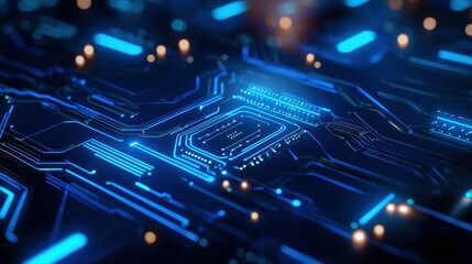 Fototapete - Close-up of a futuristic circuit board with blue glowing lines and lights.