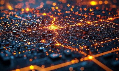 Poster - Cityscape illuminated by glowing, orange-red lights.