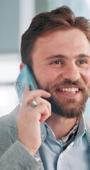 Aufkleber - Happy man, discussion and talking with phone call for business deal, negotiation or conversation at office. Man, employee or consultant speaking with smile on mobile smartphone for corporate chat