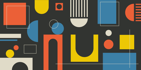 Poster - Abstract retro geometric banner with shapes and forms. Brutal contemporary figures and other graphic design elements. Swiss design aesthetic, Y2K vector illustrations.