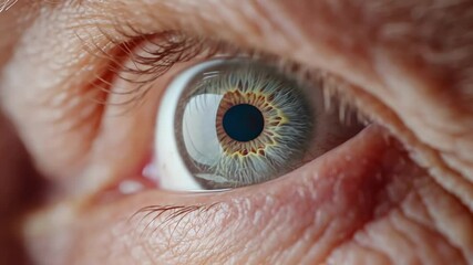 Poster - Extreme close up of an elderly woman's eye, revealing intricate details of the iris, pupil, and surrounding skin, highlighting good eye health and vision in older age